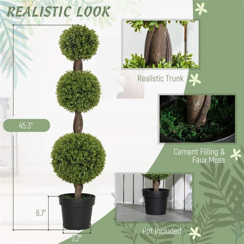 Set of 2 Green Artificial Boxwood Topiary Plants with Three Ball Design and Cement Base for Indoor Outdoor - 7.7" x 45.3"