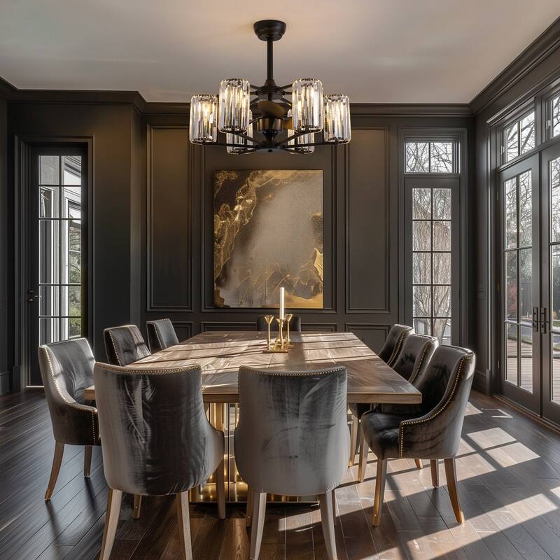 27" Crystal Ceiling Fan with Light and Remote Control 6-Light Black Caged Fandelier Luxury Ceiling Fan for Living Room Kitchen