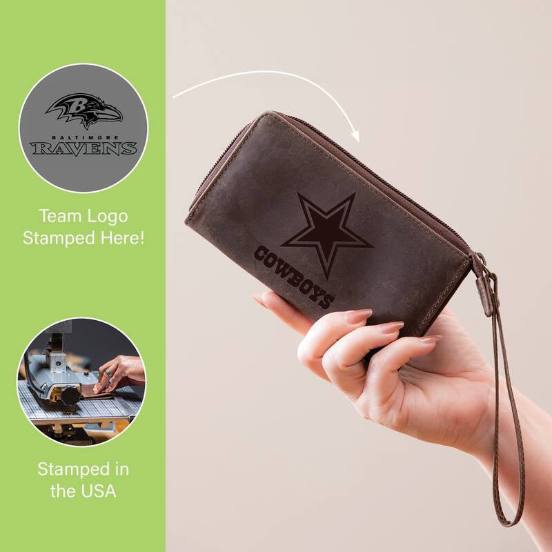 Brown Leather Cell Phone Wristlet Wallet, Baltimore Ravens - 4" x 7"