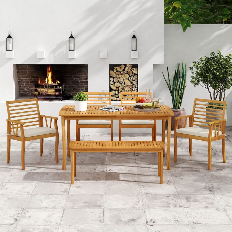 Costway 6 PSC Patio Dining Set Acacia Wood Table and Bench Chairs with - See Details - Natural