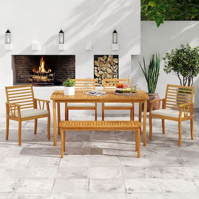 Costway 6 PSC Patio Dining Set Acacia Wood Table and Bench Chairs with - See Details