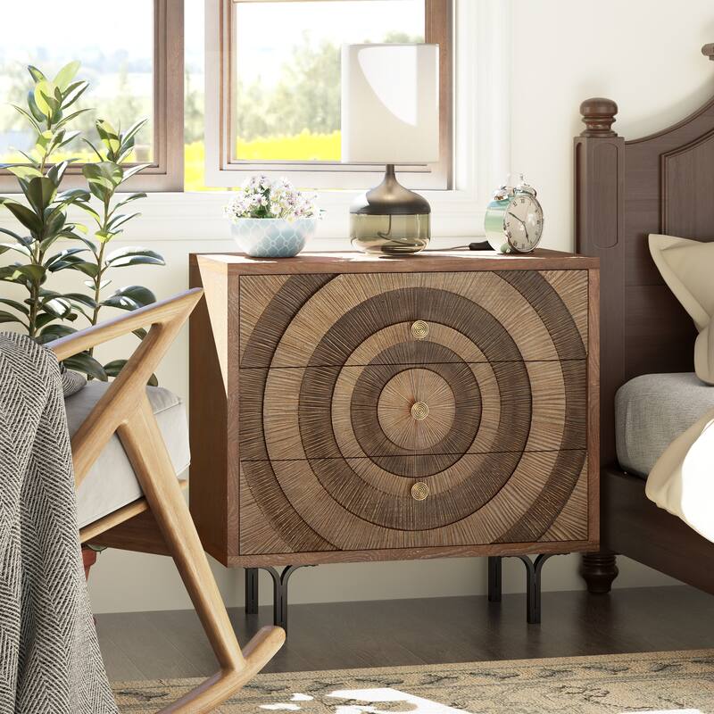 COZAYH Farmhouse Nightstand, Accent Wooden Storage with Circle Pattern and Radioactive Wood Lines, Mid-century Dresser
