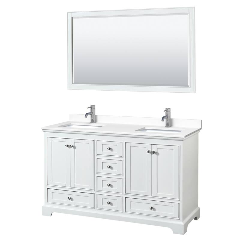 Deborah 60-inch Double Vanity, Cultured Marble Top, 58-inch Mirror - White, Chrome Trim, White Cultured Marble Top