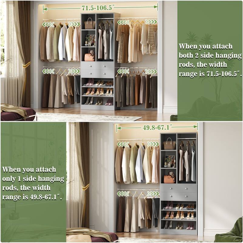 Closet Organizer with 5 Hanging Rods and 2 Drawers, Adjustable Closet System with Shelves and Shoe Rack
