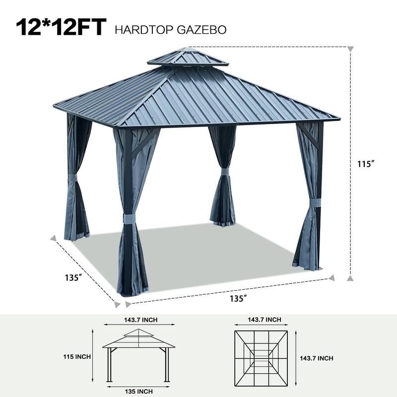 12'x12' Hardtop Gazebo with Steel Roof, Aluminum Frame, Curtains & Netting for Outdoor Shade