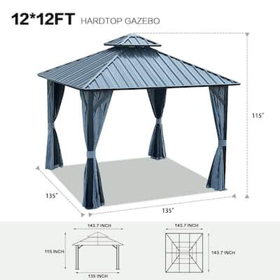 12 X 12 FT Hardtop Gazebo with Netting & Curtains, Double Roof Waterproof Pergola, Aluminum Frame Galvanized Steel Canopy