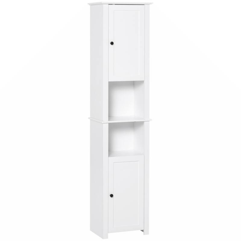 Tall Bathroom Storage Cabinet, Freestanding Linen Tower with 2-Tier Shelf and 2 Cabinets, Narrow Side Floor Organizer, White