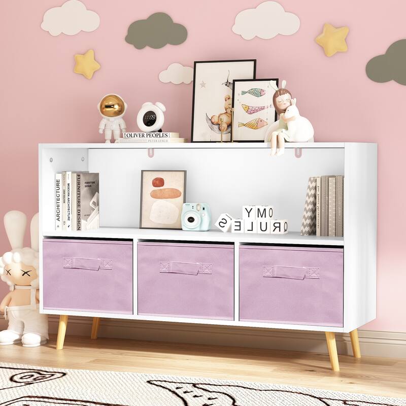 Kids bookcase with Collapsible Fabric Drawers, Children's Book Display, Toy Storage Cabinet Organizer