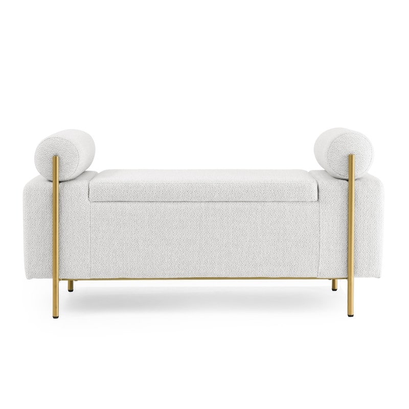 Linen Upholstered Storage Bench with Cylindrical Arms and Iron Legs for Living Room Bedroom
