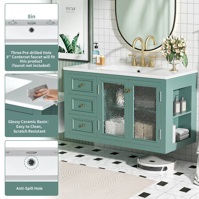 Roomfitters 36" Floating Vanity with Ceramic Sink, Wall Mounted Cabinet with 3 Drawers, Solid Wood Frame Design, Green