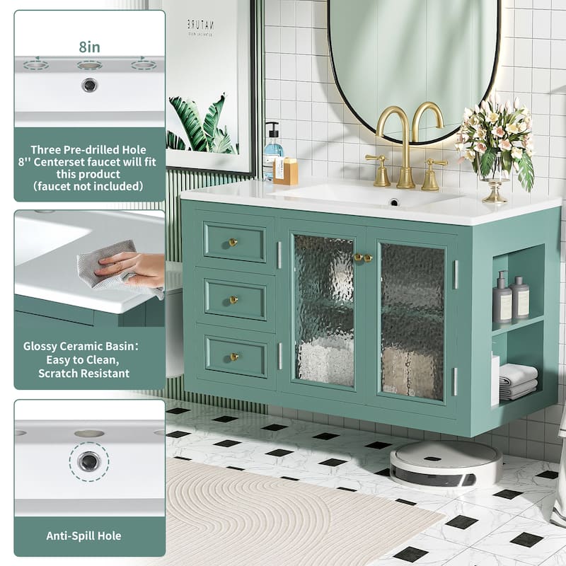 Wall Mounted Bathroom Vanity Floating Storage Cabinet with 3 Drawers, Water Ripples Translucent Glass Doors and Golden Knobs