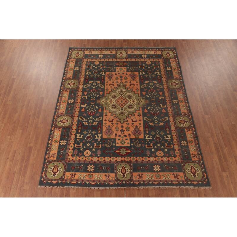 Geometric Kazak Area Rug Handmade Traditional Grey Wool Carpet - 7'9"x 9'9"