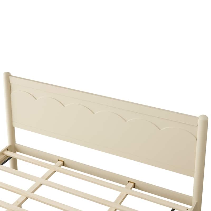 Wood Platform Bed Frame with Headboard and Wooden Slat Support - Beige/Natural - King