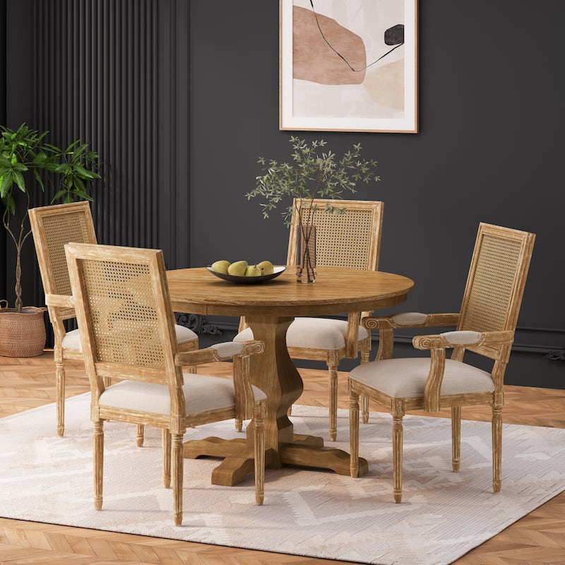 Mores Wood and Cane Upholstered 5 Piece Circular Dining Set by Christopher Knight Home - Natural/Beige