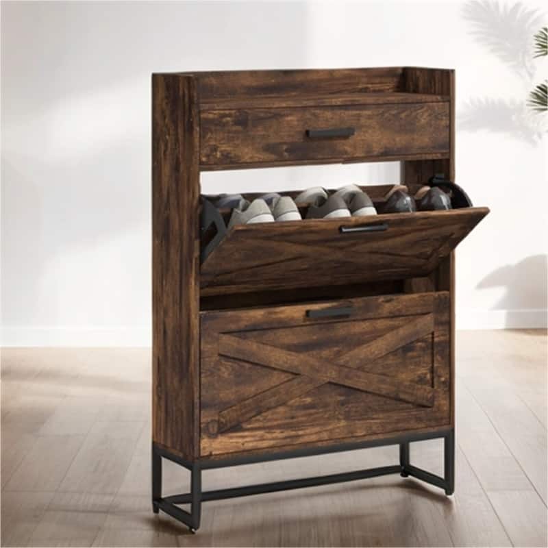 Wood Shoe Cabinet with 2 Flip Doors and Drawer