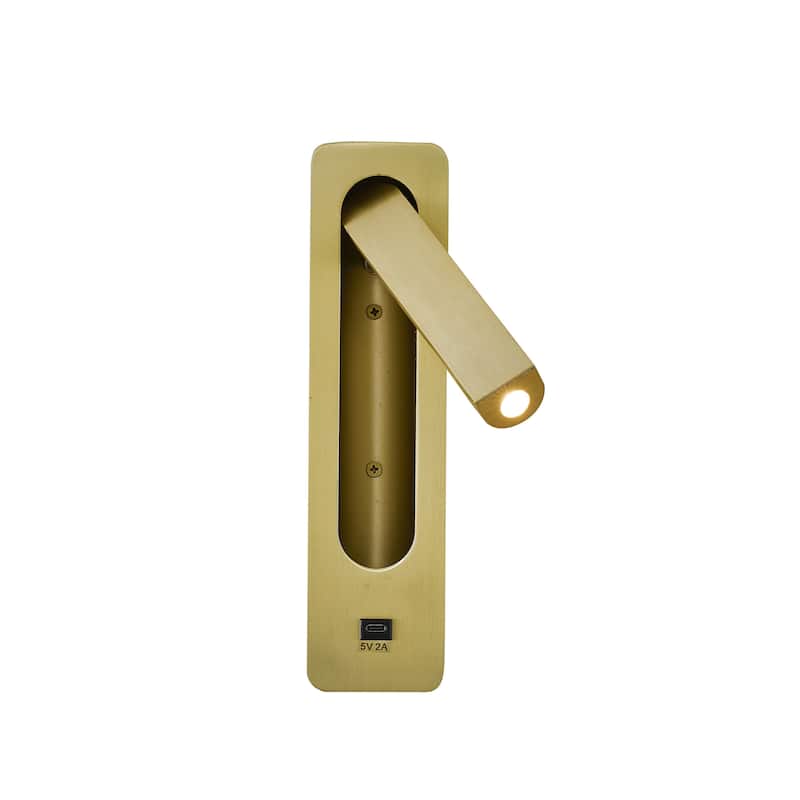 1-Light Satin Brass Metal LED Wall Sconce With One USB Port And A Clear Frosted Len