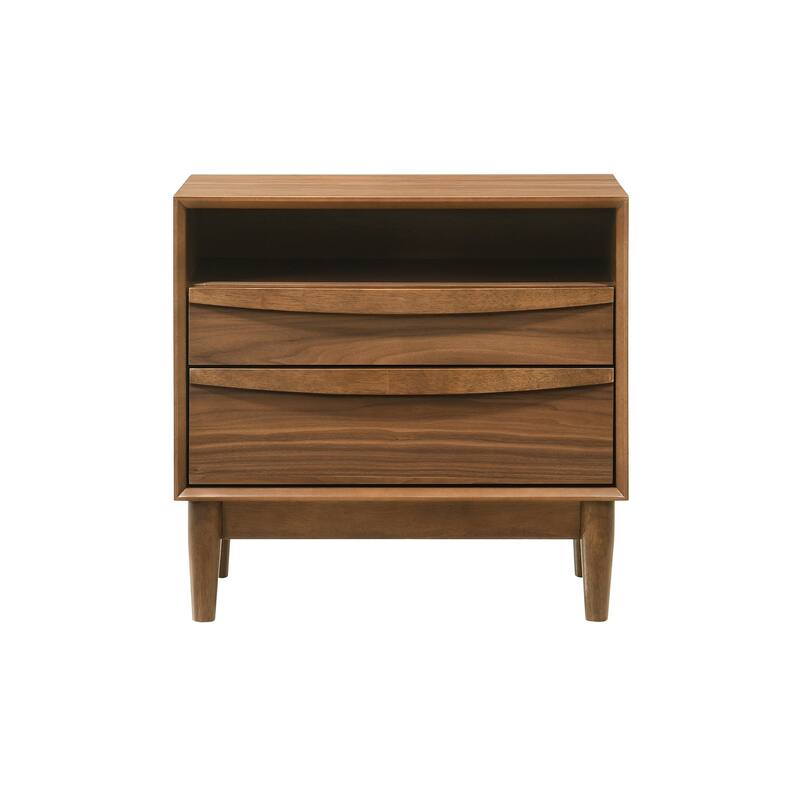 Mian 23 Inch Nightstand, 2 Drawer, Linear Undercut Handles, Wood, Walnut - Brown - 2-drawer
