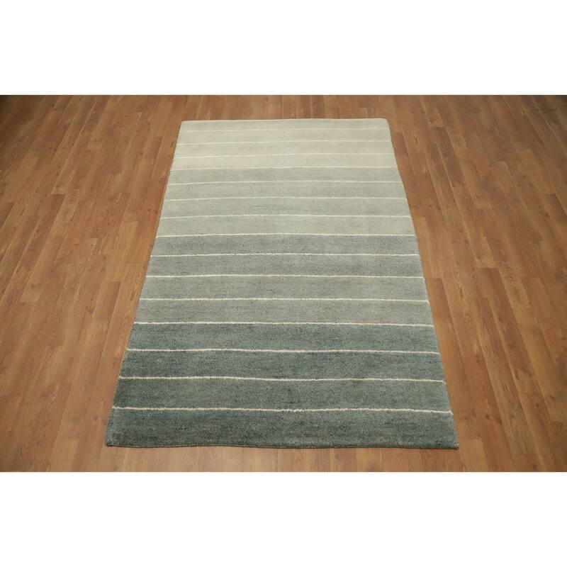 Hand Knotted Oriental 100% Wool Carpet Modern Stripe Green Gabbeh Area Rug - 5' 10'' X 3' 10''