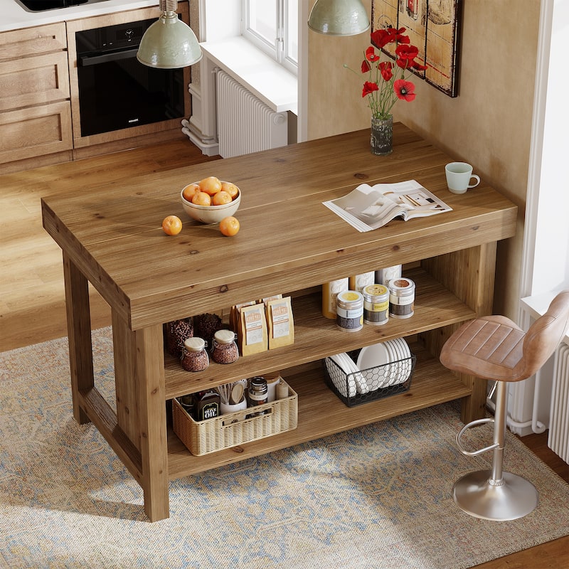 Solid Wood Bar Table, Open Storage Counter Height Pub Dining Table, Kitchen Dining/Living Room Basement Accent Bar Unit