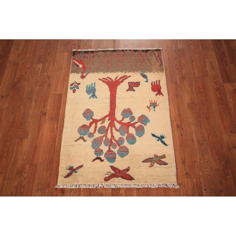 Hunting Animals Kazak Oriental Foyer Rug Handmade Pink Wool Carpet - 2'0" x 3'0"