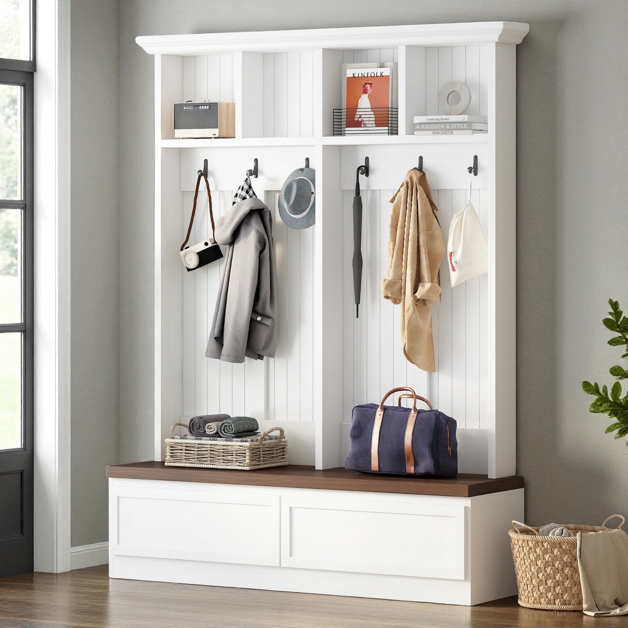 Farmhouse 4-in-1 Hall Tree with Wood Grain Bench & 2 Drawers, Entryway Organizer with Coat Hooks & Shelves for Hallway