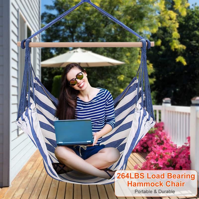 Cotton Canvas Swing Seat Hanging Hammock Chair with Pillows and Wooden Bar for Indoor or Outdoor - 39” x 51”