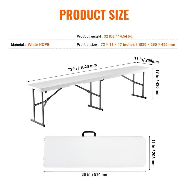 HDPE Folding Bench, 6FT Portable Outdoor Seating - 72” L x 11” W x 17” H