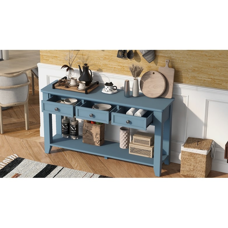 55.4" Modern Entryway Console Table With Three Storage Drawers,Sideboard With Poplar Legs And Metal Handles,Narrow Sofa Table