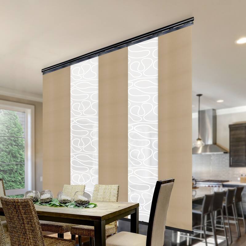 InStyleDesign 5-Panel Single Rail Panel Track Extendable 58"-110"W x 94"H, Panel width 23.5", Swhirly White, Parchment