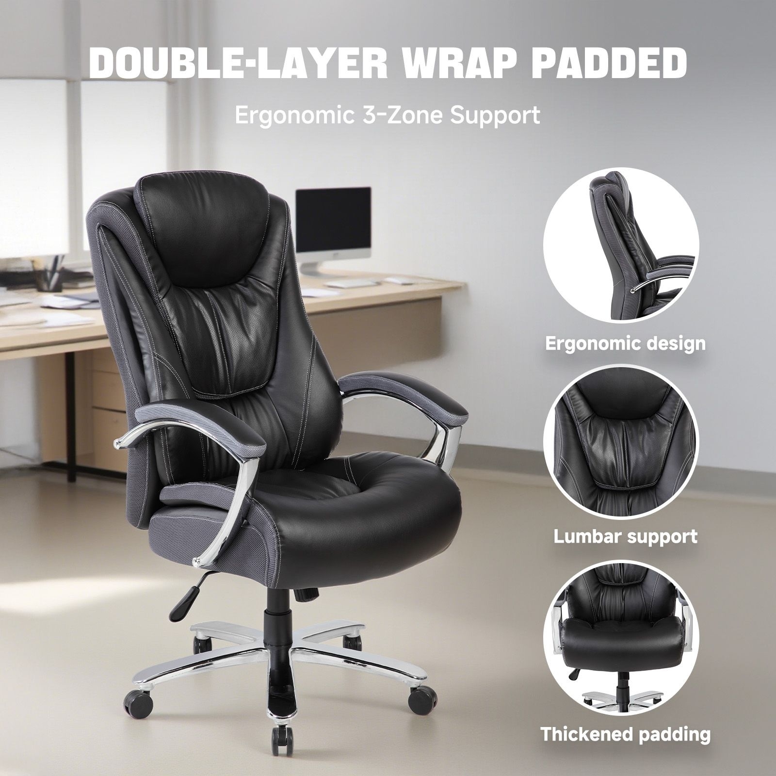 Wide Seat Executive Office Chair with Soft Upholstery, Thick Padded Cushion, High Back Support, Smooth Rolling Base