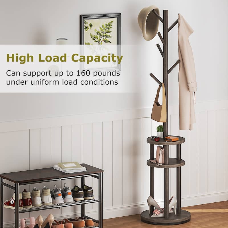 VECELO Modern Freestanding Coat Rack with 6 Branch Hooks Double Shelves, and Shoe Storage for Entryway Living Room Bedroom