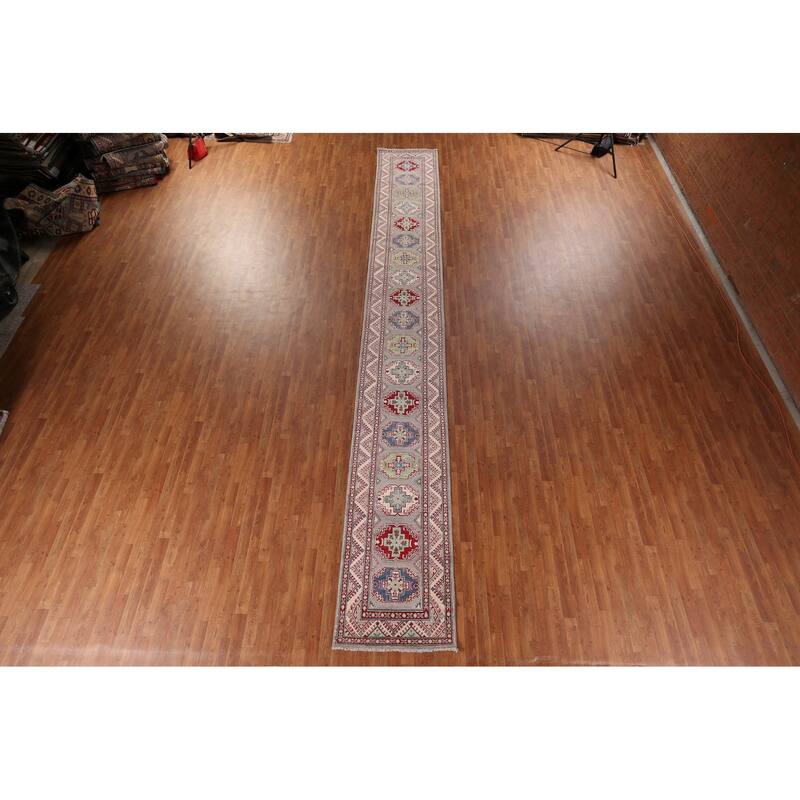 Gray Kazak Runner Rug Handmade Oriental Wool Carpet - 2'8" x 20'0"
