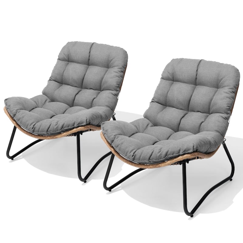 2-Piece Outdoor Papasan Chairs with Thick Padded Cushion PE Rattan Patio Cozy Chairs - Dark Grey