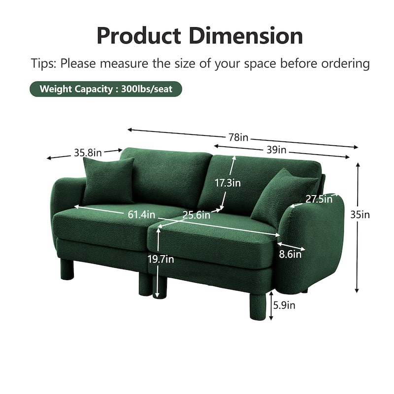 Loveseat Sofa, 78" 2-Seater Upholstered Couch Modern Sectional Couches with Shell-shaped Armrests for Living Room