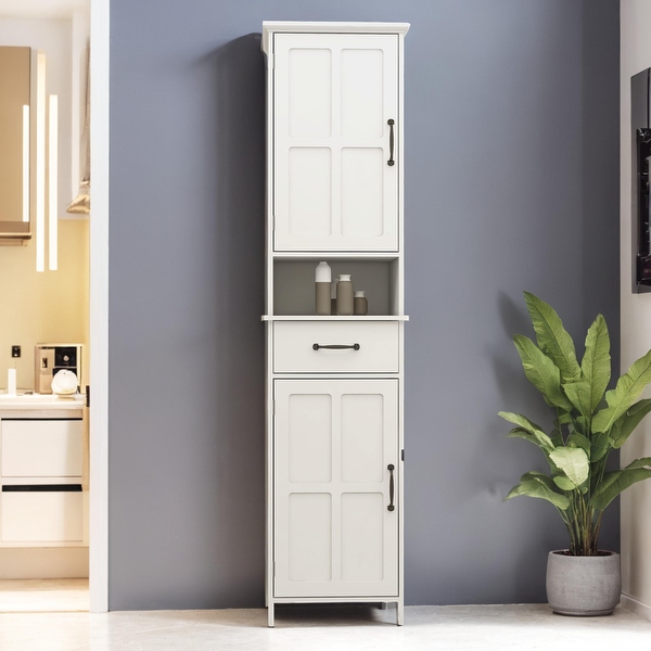 64.96 Tall Narrow Storage Cabinet Bathroom Slim Floor Freestanding Cabinet with Two Doors for Bathroom White Wood Finish