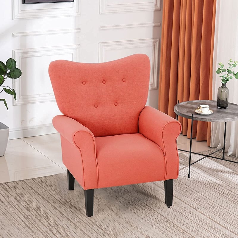 Erommy Wing back Arm Chair, Upholstered Fabric High Back Chair with Wood Legs - Coral