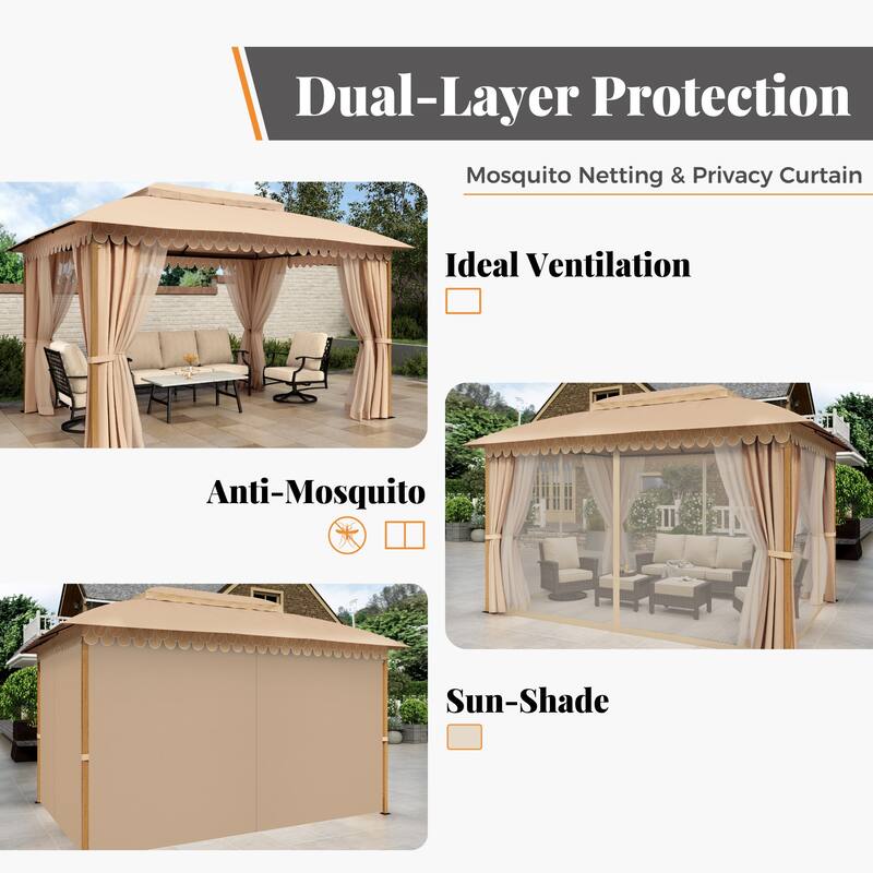 10 x13 ft Patio Gazebo Heavy Duty Metal Frame Canopy Tent with Double Roof & Mosquito Netting