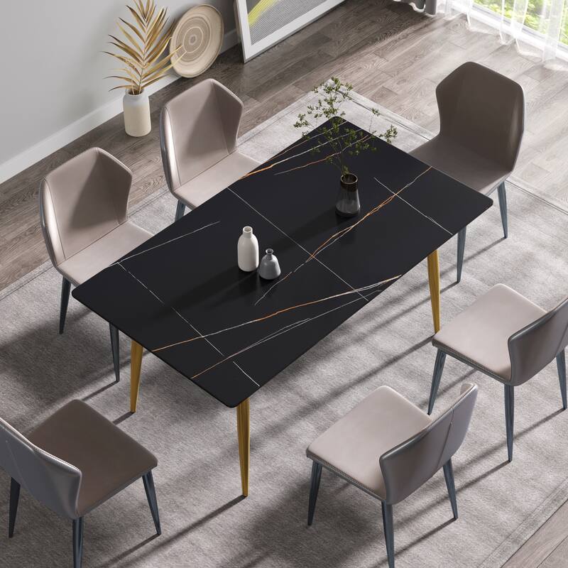 63" Rectangle Marble Top Dining Table, Black Sintered Stone Kitchen Table with Metal Legs