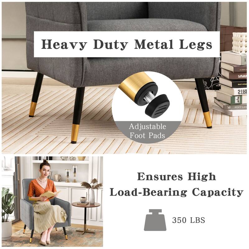 Linen Fabric Accent Chair with Metal Legs, Ergonomic Backrest and 350 lbs Capacity - 28.5" x 25.5" x 35.5"