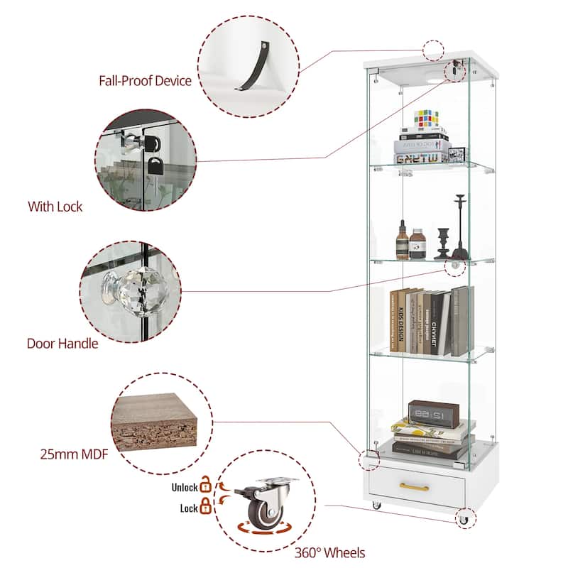 65.9" Modern Glass Display Cabinet with Drawer, LED Lights, Lockable Storage & 4 Tempered Glass Shelves