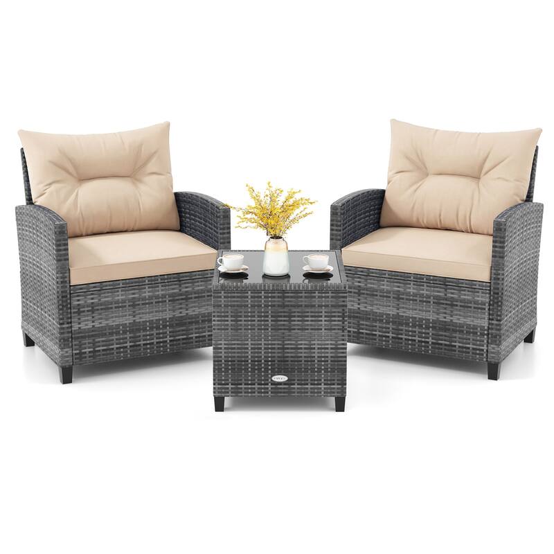 Gymax 3PCS Patio Rattan Furniture Bistro Set Cushioned Sofas Side