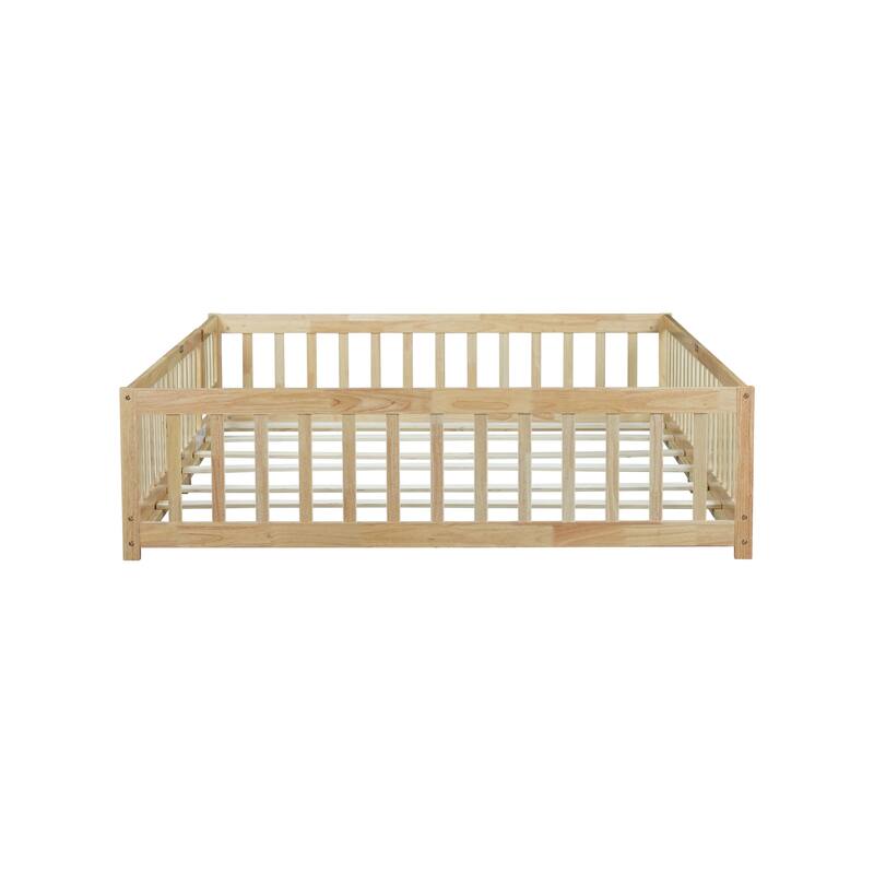 Roomfitters Queen Floor Bed with Surround Fence and Swing Door, Rubber Wood Platform with Guardrails and Slats, Natural