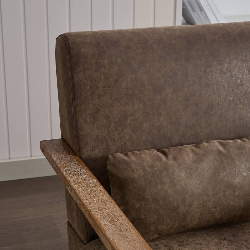 Swivel Accent Chair with Wood Armrests, Modern Faux Leather Arm Chair for Living Room, Comfy Club Reading Chairs for Bedroom