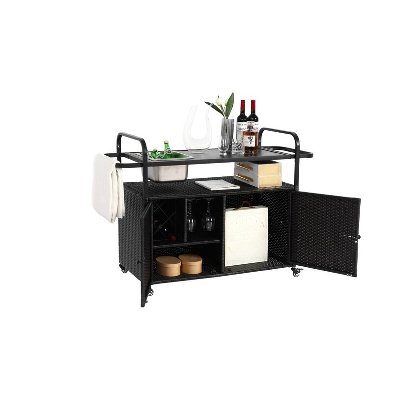 Outdoor Bar Table, Wicker Bar Cart with Cabinet, Patio Serving Cart with steel Top, with one ice bucket,Lockable Wheels