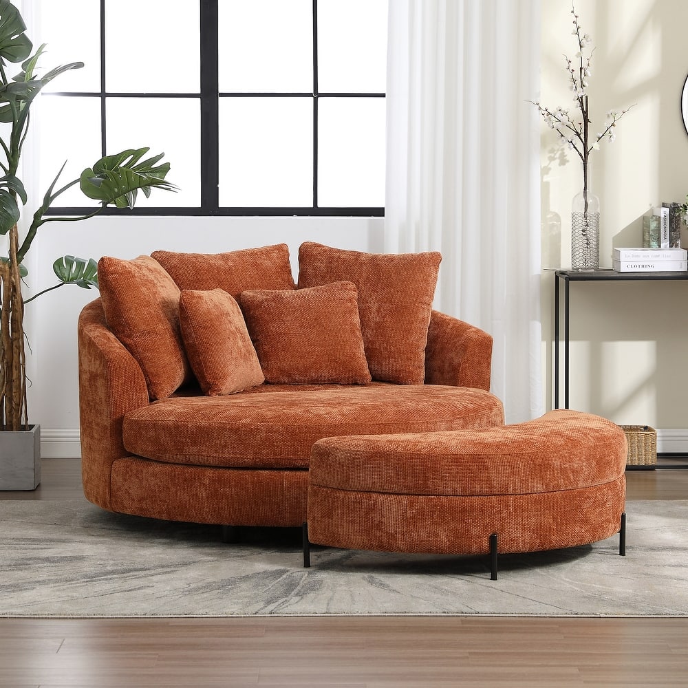 Modern Sofa Chair Round Accent Barrel Chair With 5 Pillows and Storage Ottoman