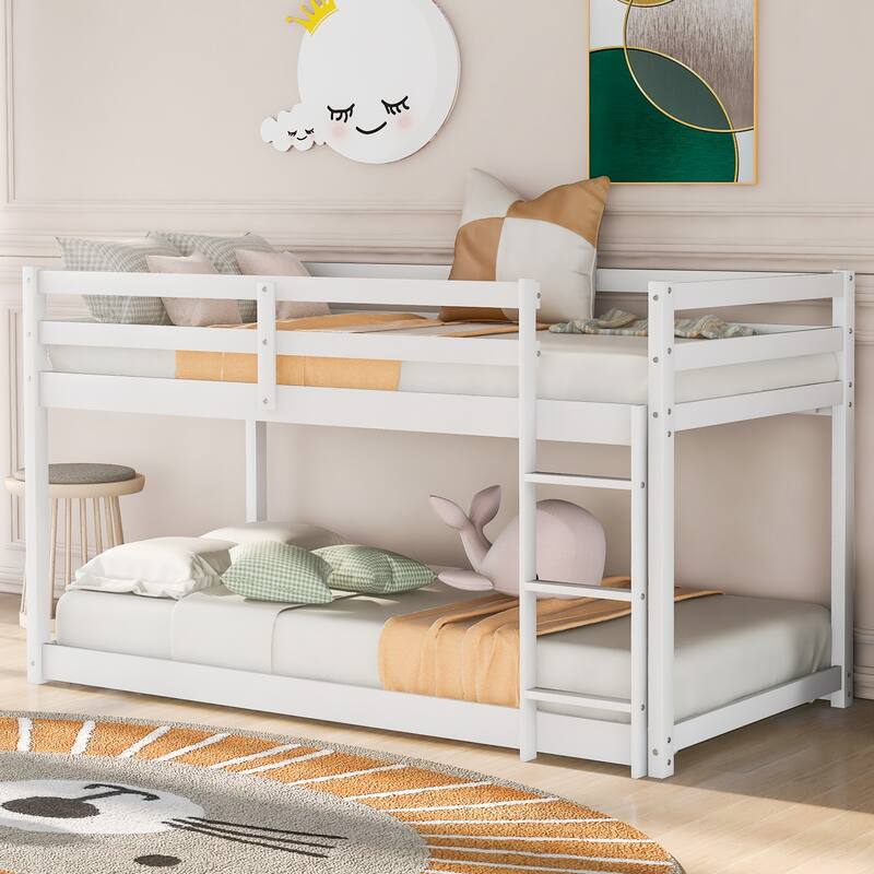 Low Profile Twin Over Twin Bunk Bed with Ladder, White, Solid Wood, Space-Saving Design - White