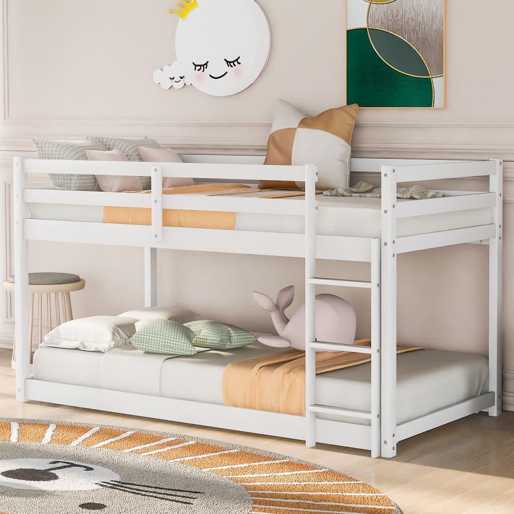 Low Profile Twin Over Twin Bunk Bed with Ladder, White, Solid Wood, Space-Saving Design