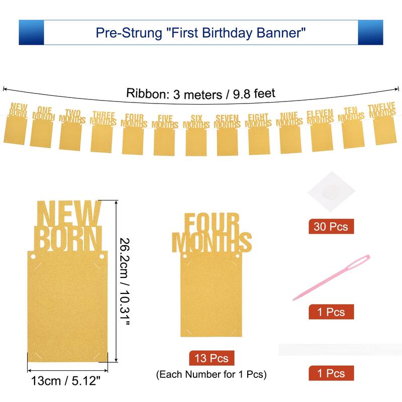 1st Birthday Photo Banner Decorations from 1 to 13 Months 13 Pieces - Gold