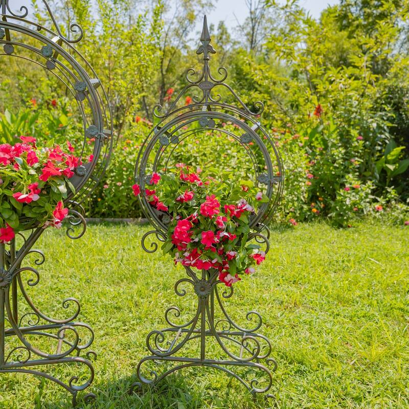 Set of 2 Tall Round Metal Planters with Removable Trays Garden Decor in Verdi Green