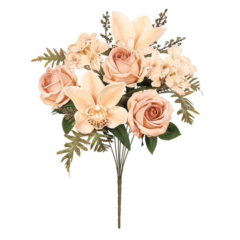 Set of 2 Light Cafe Artificial Mixed Rose Cymbidium Orchid Hydrangea Flower Stem Bush Bouquet 16in - 16" L x 9" W x 9" DP